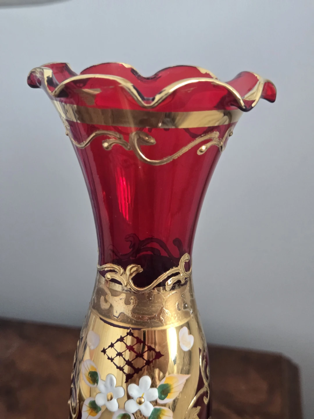 Vintage Bohemian Red Glass Vase with Hand-Painted Flowers - photo 3
