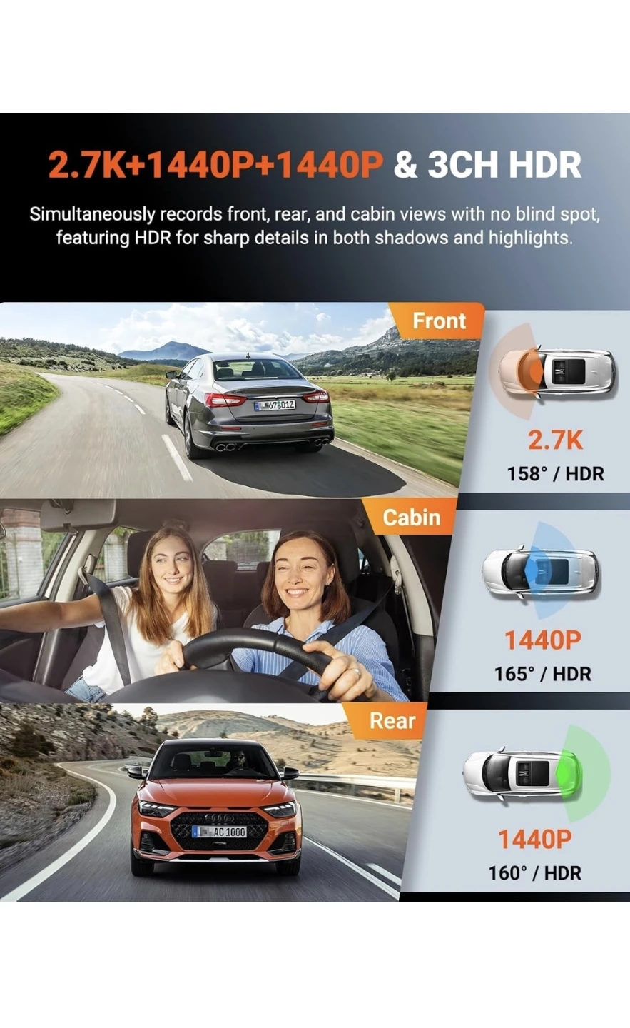 New Vantrue N4S 3 Channel Front Inside Rear Dash Cam - photo 2