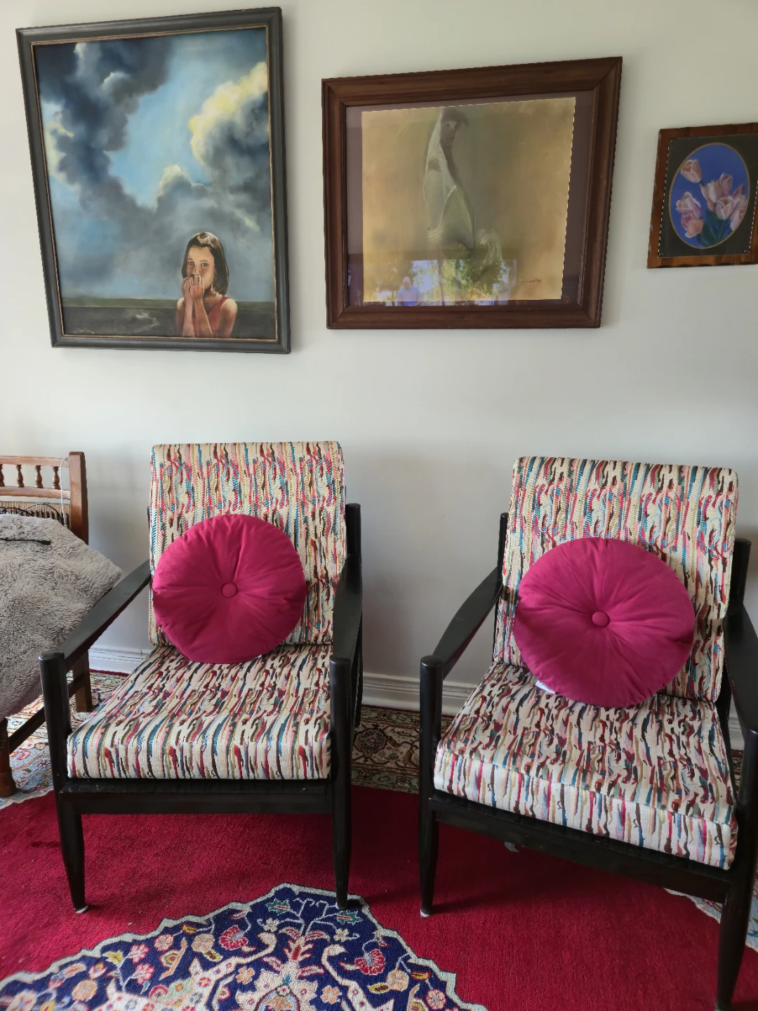 Burma Teak Armchair with Black Frame and Striped Upholstery