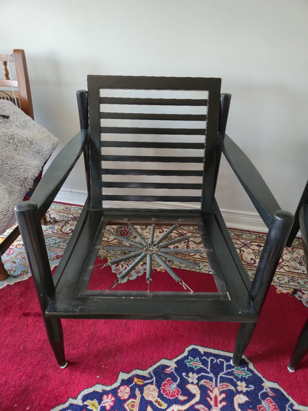 Burma Teak Armchair with Black Frame and Striped Upholstery - photo 2
