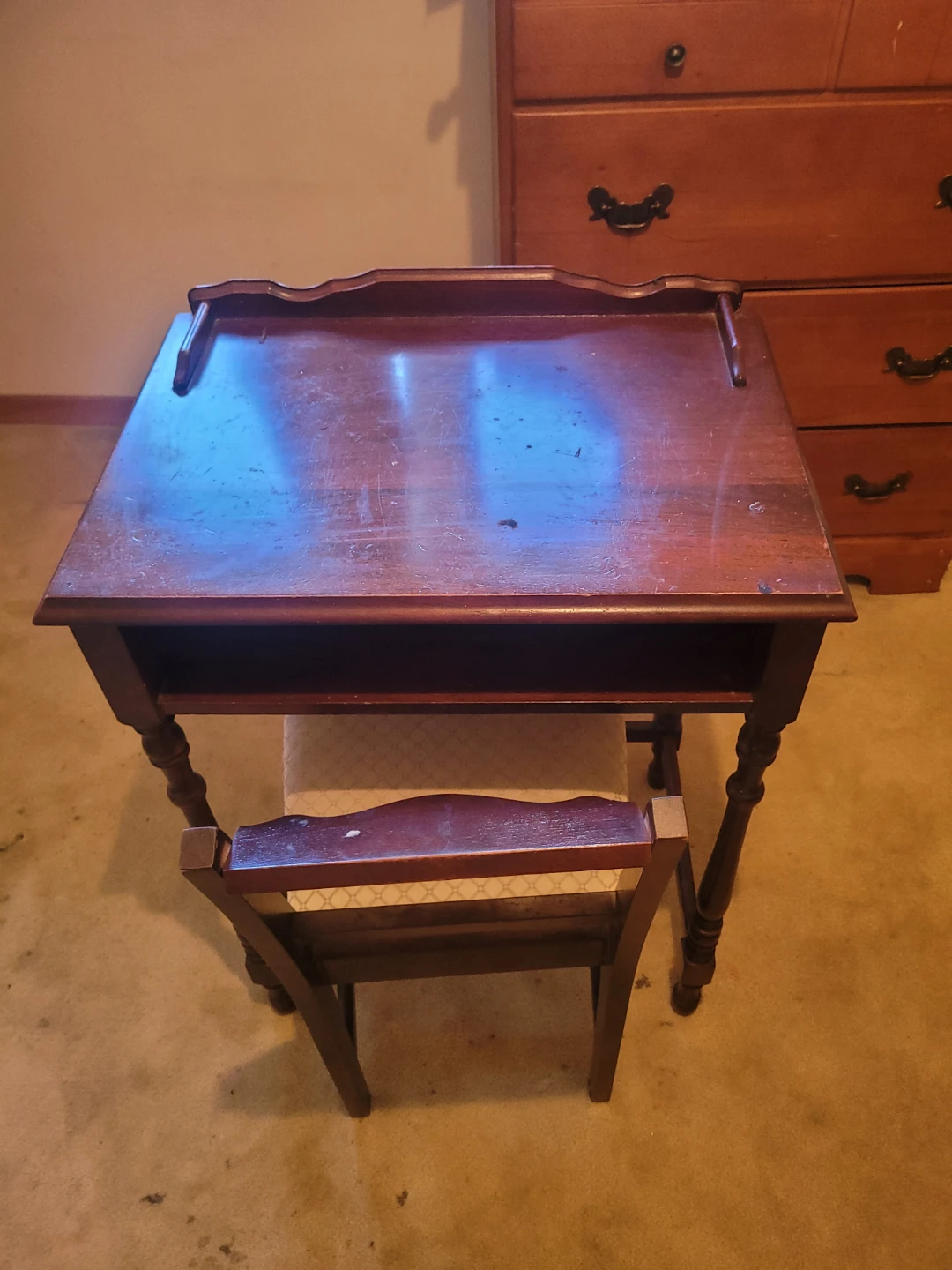 Vintage Wooden Writing Desk with Foldable Stool