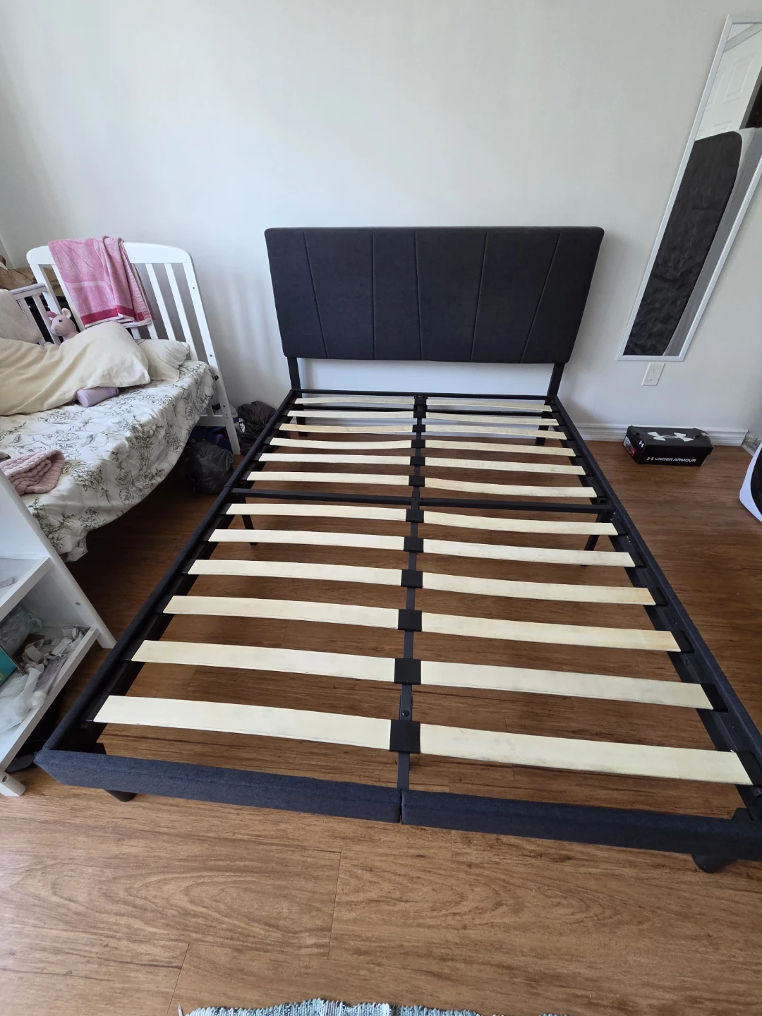 Dark Grey Fabric Bed Frame with Headboard - photo 2