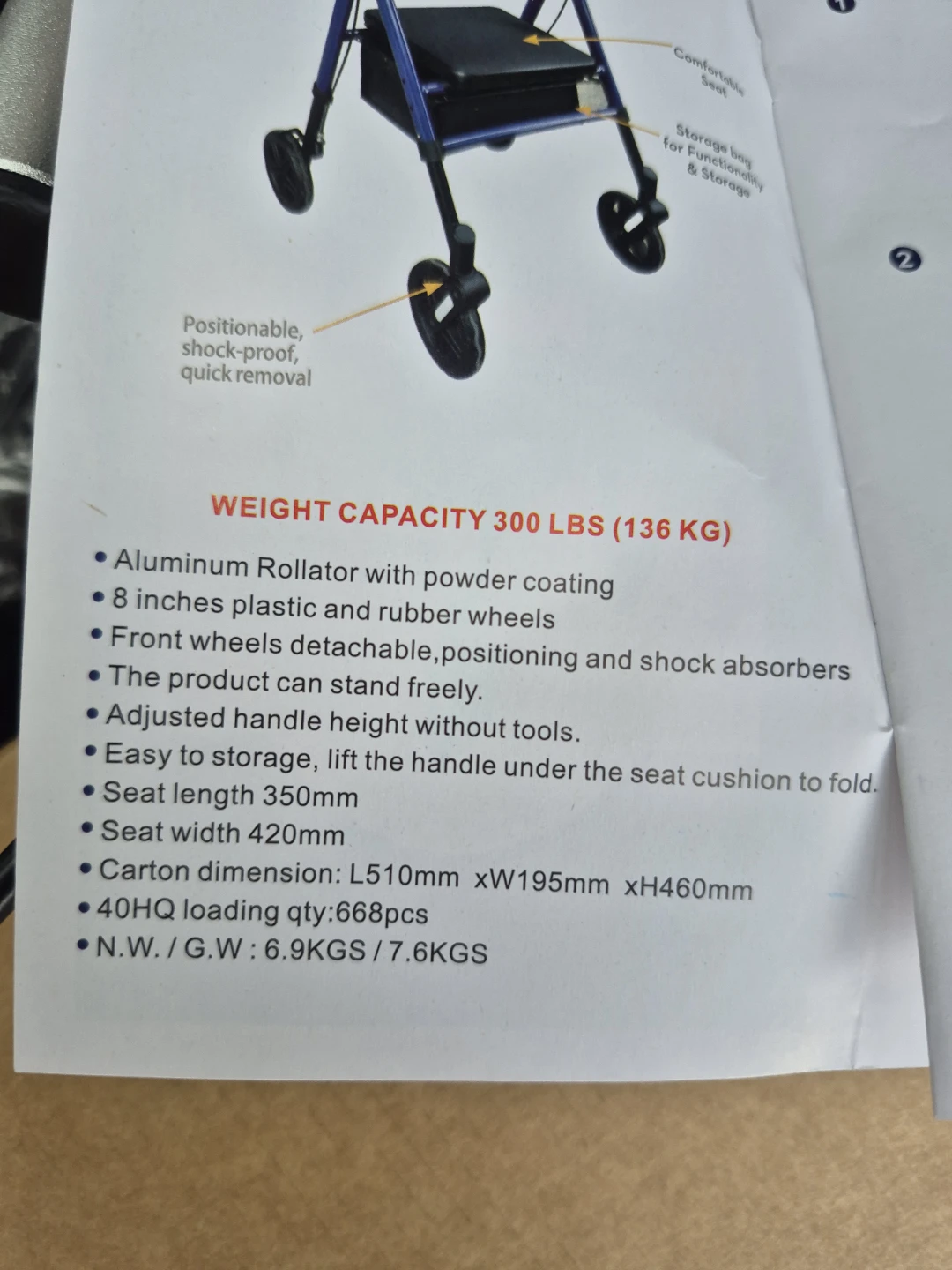 Unlicon Rollator Walker UNL-828 - brand new in box - photo 5