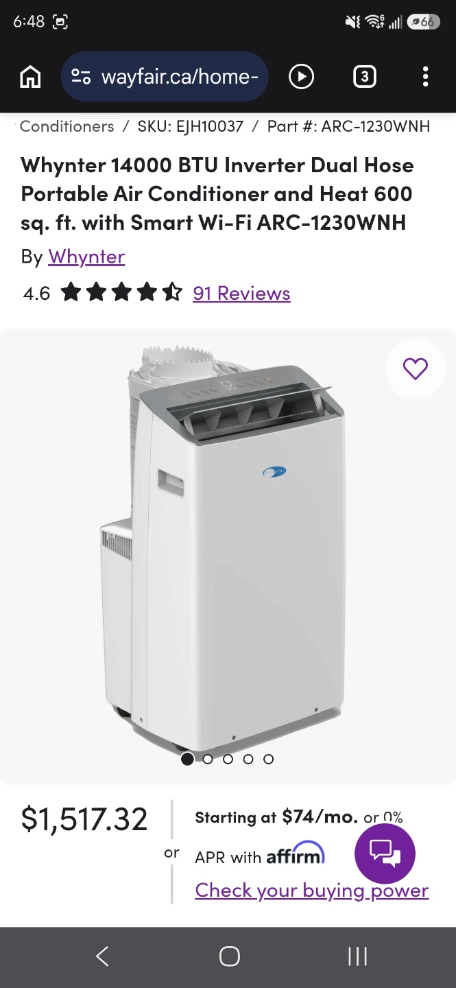 Whynter 14000 BTU Portable Air Conditioner and Heat with Wi-Fi