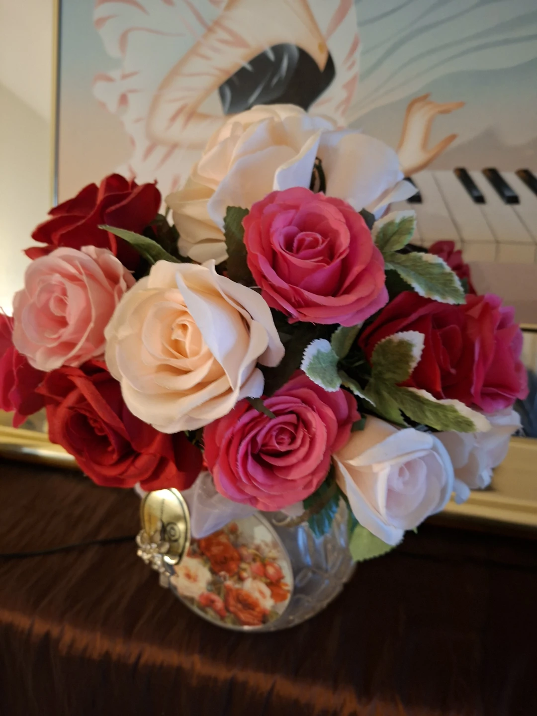 Artificial Rose Bouquet in Glass Vase