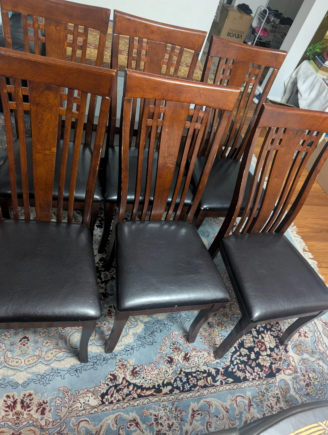 Set of 6 Wooden Dining Chairs with Faux Leather Seats
