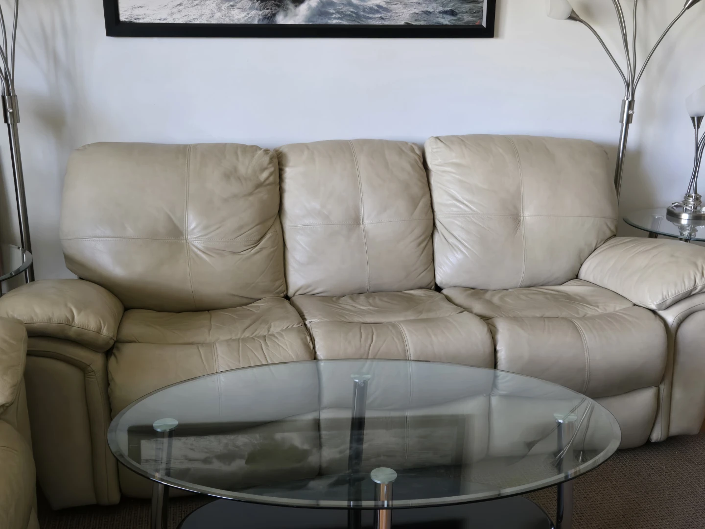 Beige Leather 3-Seat Reclining Sofa - photo 3