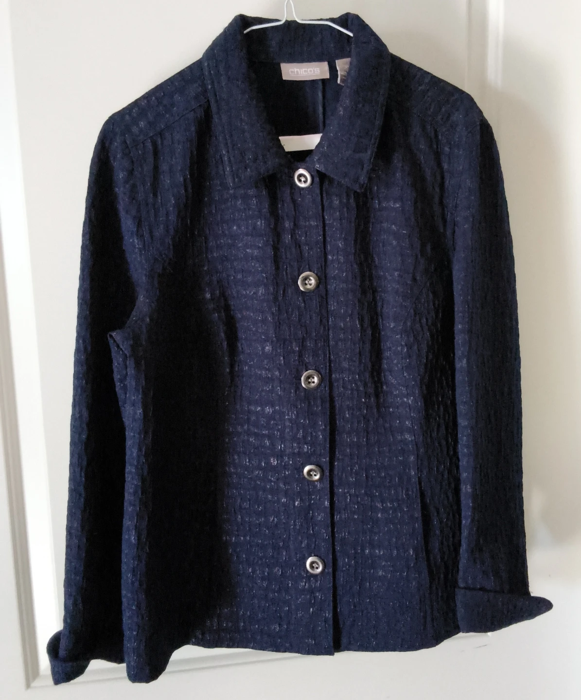 Chico’s Midnight Navy Shimmer Textured Blazer – Size 2 (US 12)