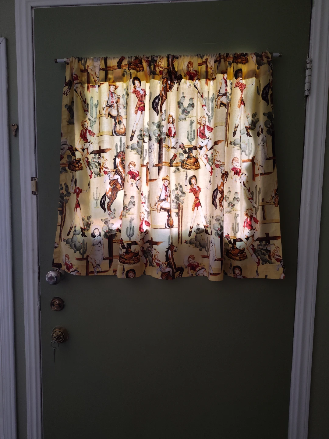 Vintage Cowgirl and Cactus Print Kitchen Curtains