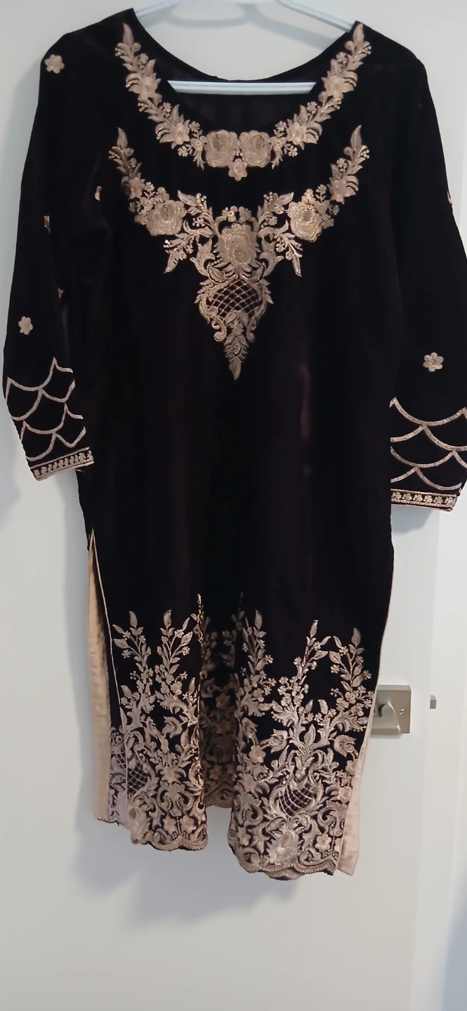 Velvet kurta with gold embroidery matching trousers 2 piece