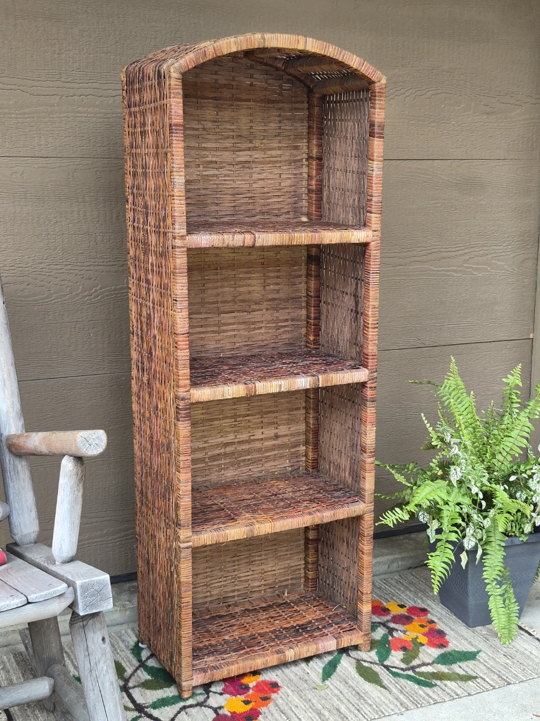 Vintage Arched Woven Wicker Boho Coastal Etagere Shelving Unit - photo 4