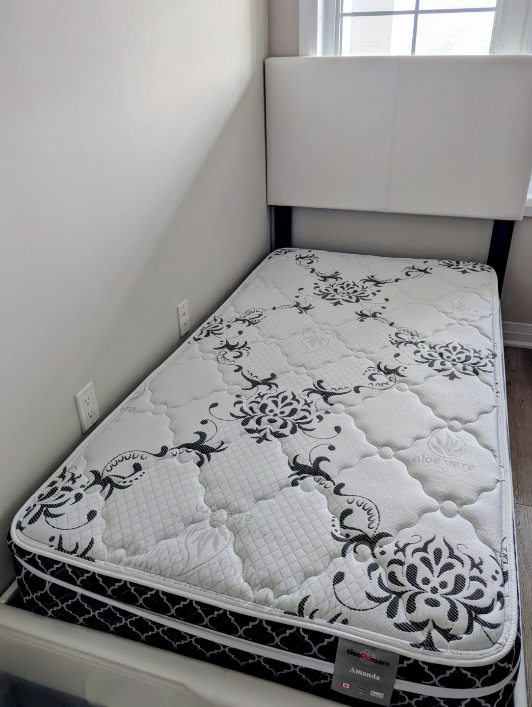 Twin Bed, Mattress with Faux-leather Headboard