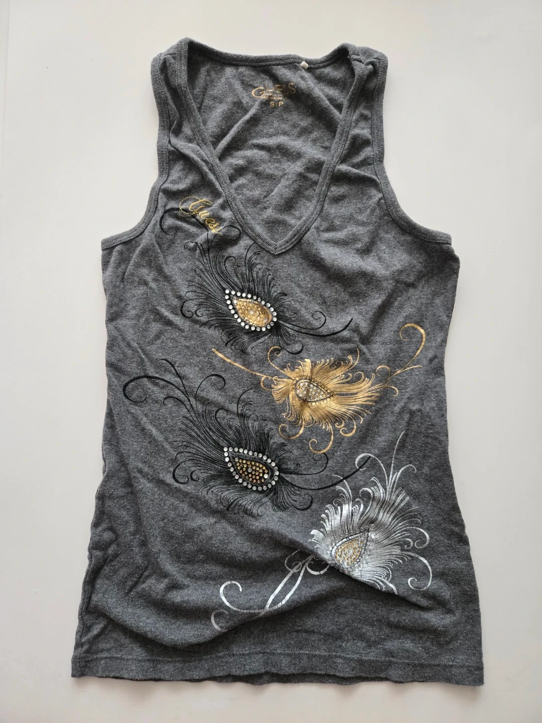 Guess Grey Tank Top with Feather Design -  Small