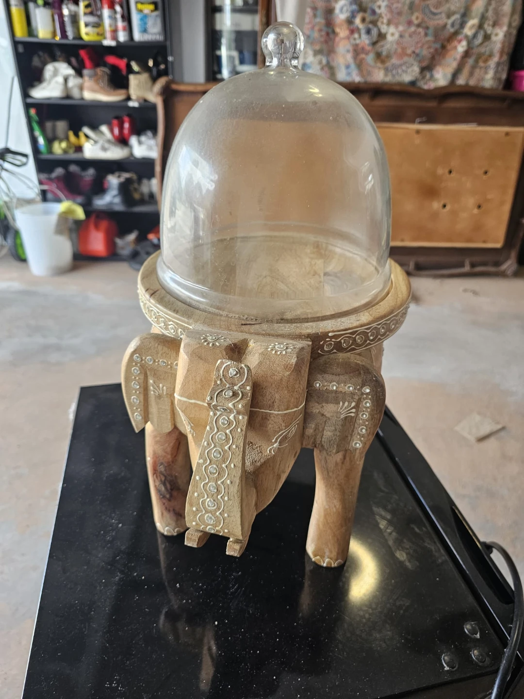 Wooden Elephant Display Stand with Glass Dome