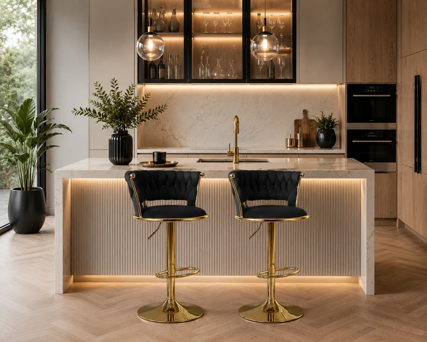 Brand new Black Velvet Bar Stools with Gold Base - Set of 2
