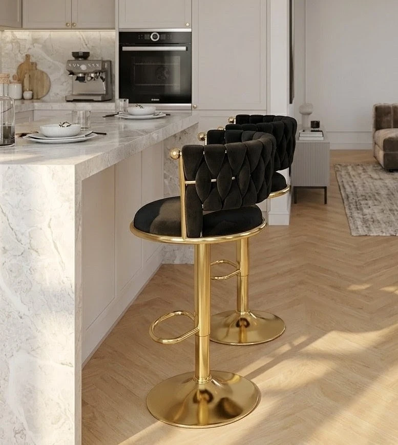 Brand new Black Velvet Bar Stools with Gold Base - Set of 2 - photo 2