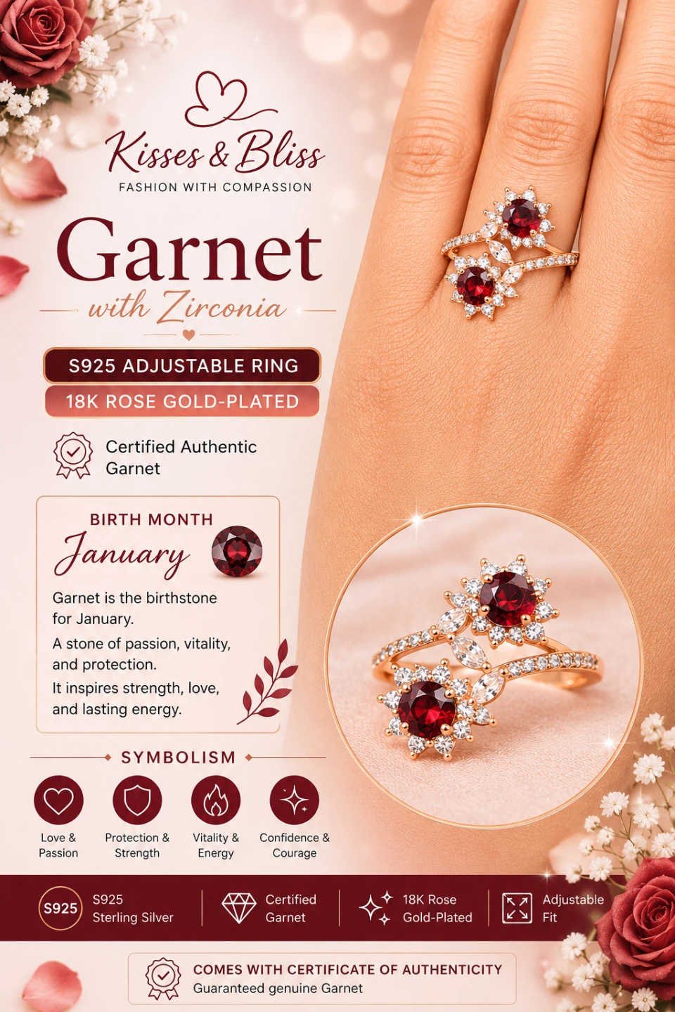 Certified! Adjustable S925 Silver Rings with Genuine Gemstones - photo 5