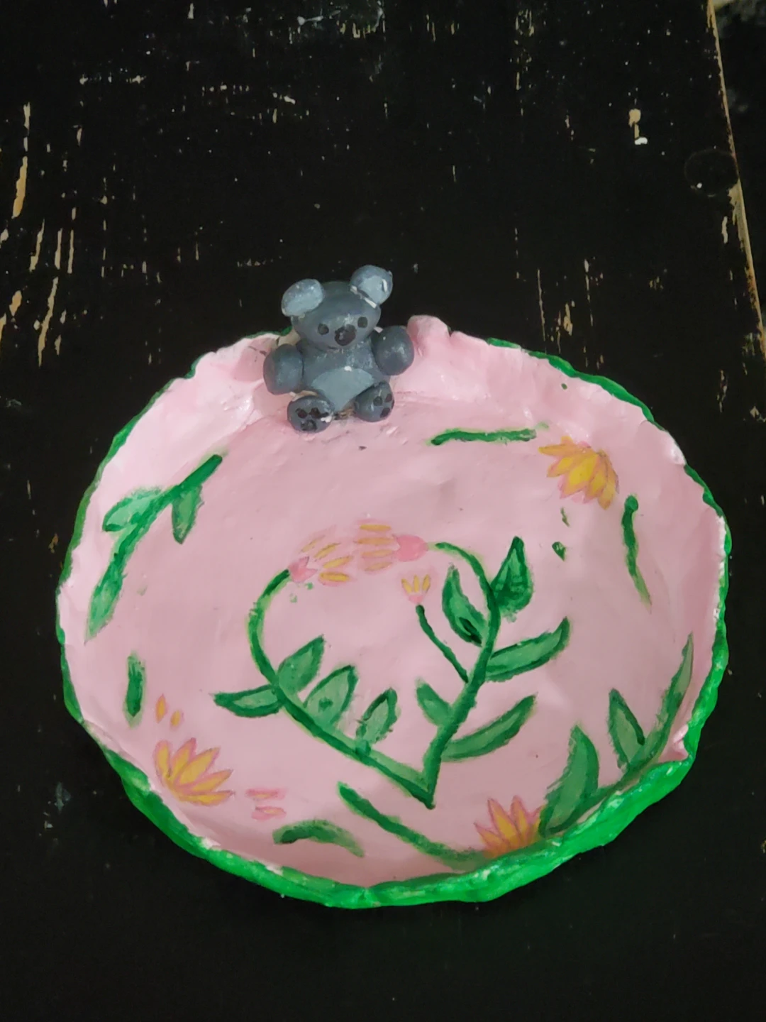Hand-painted Trinket Dish with Teddy Bear Figurine