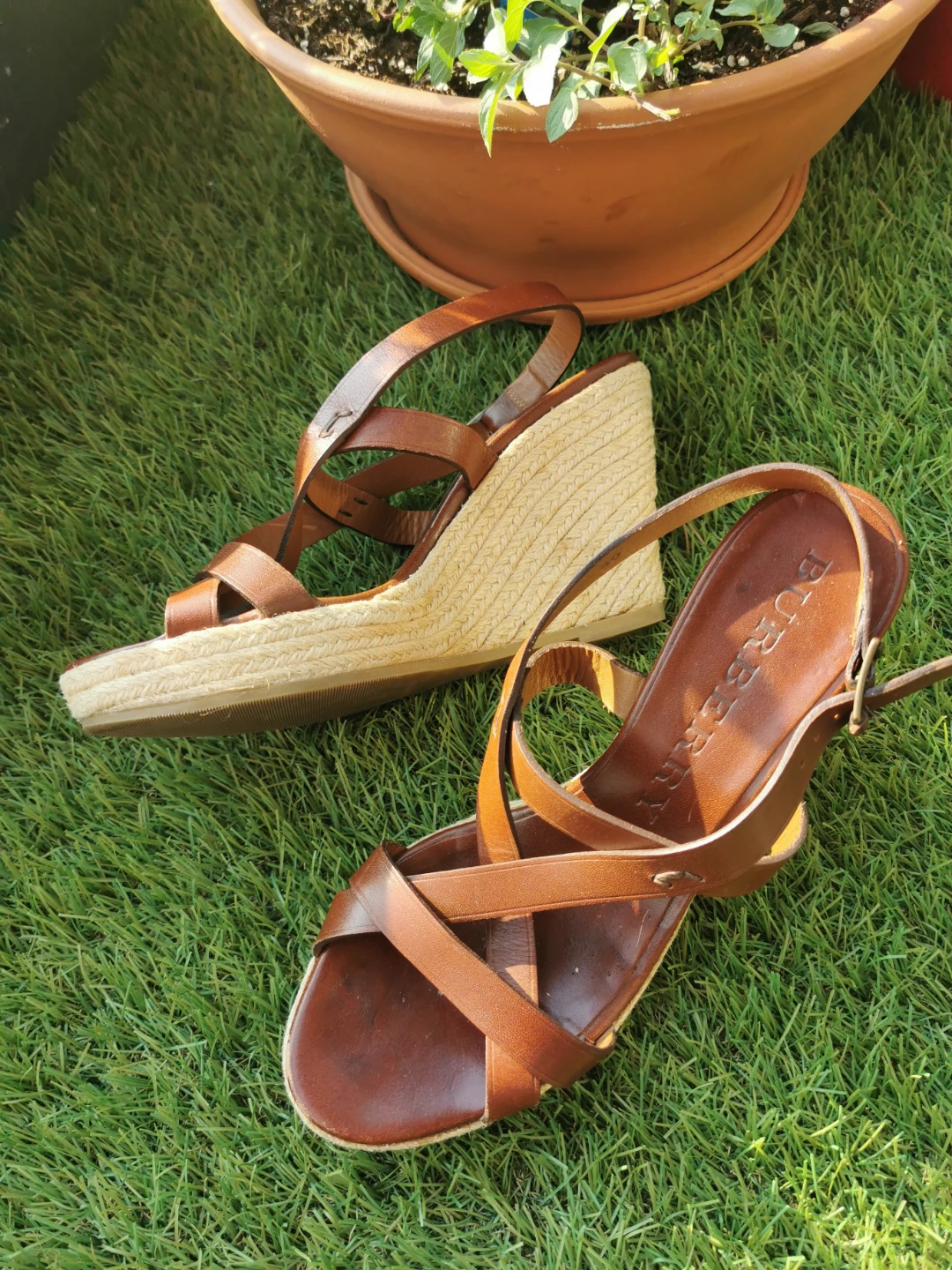 Burberry Brown Leather Espadrille Wedge Sandals
