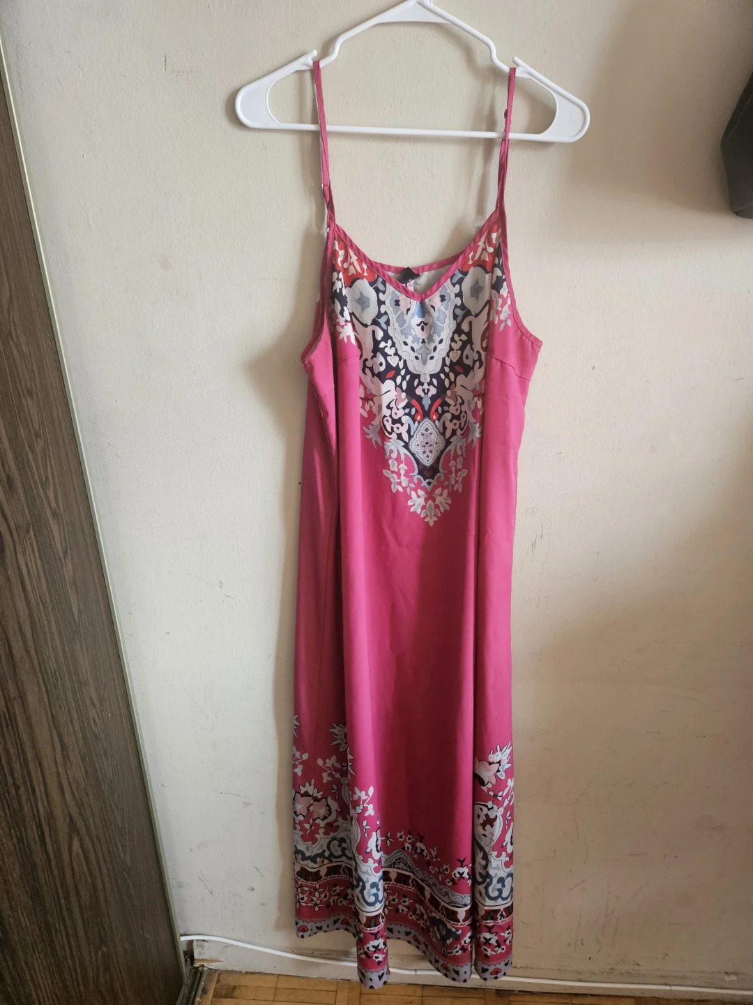 Pink Maxi Dress with Patterned Yoke and Hem