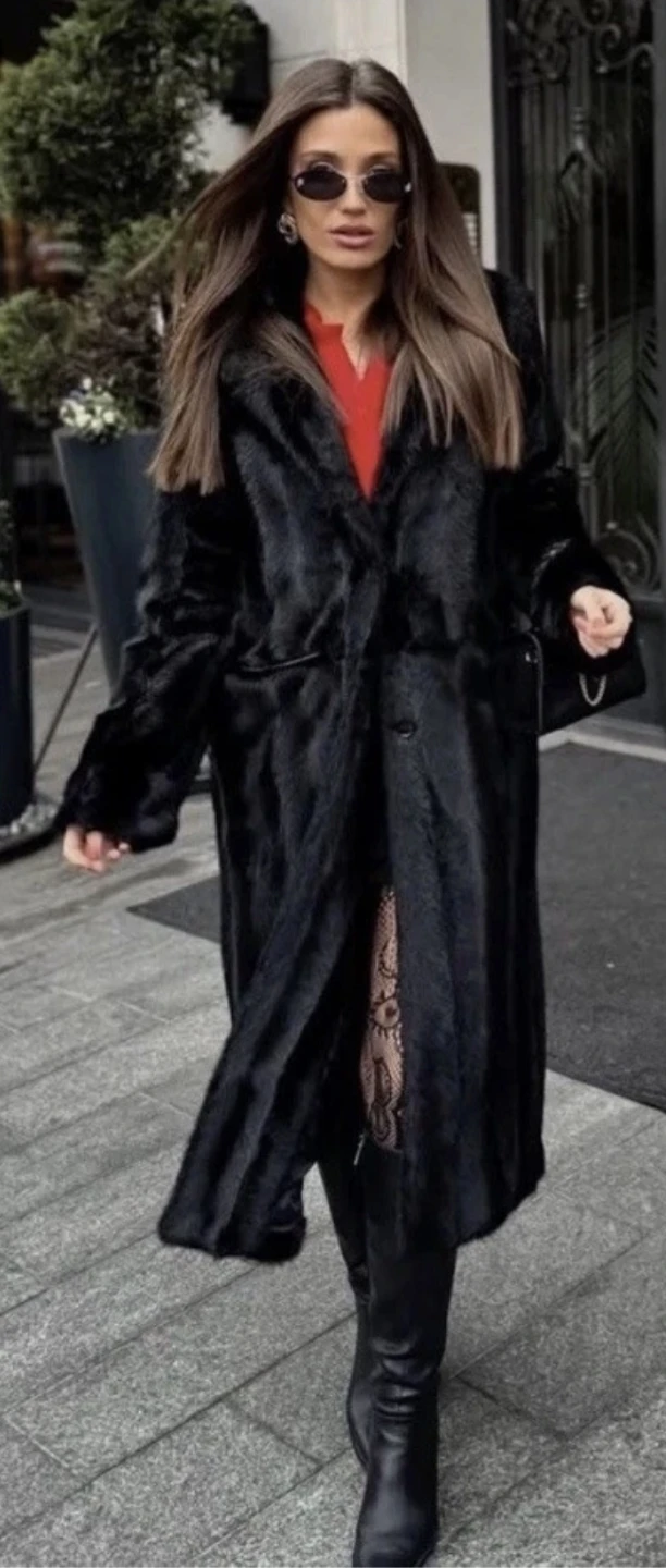 Zara Black Faux Fur Long Coat - Size S