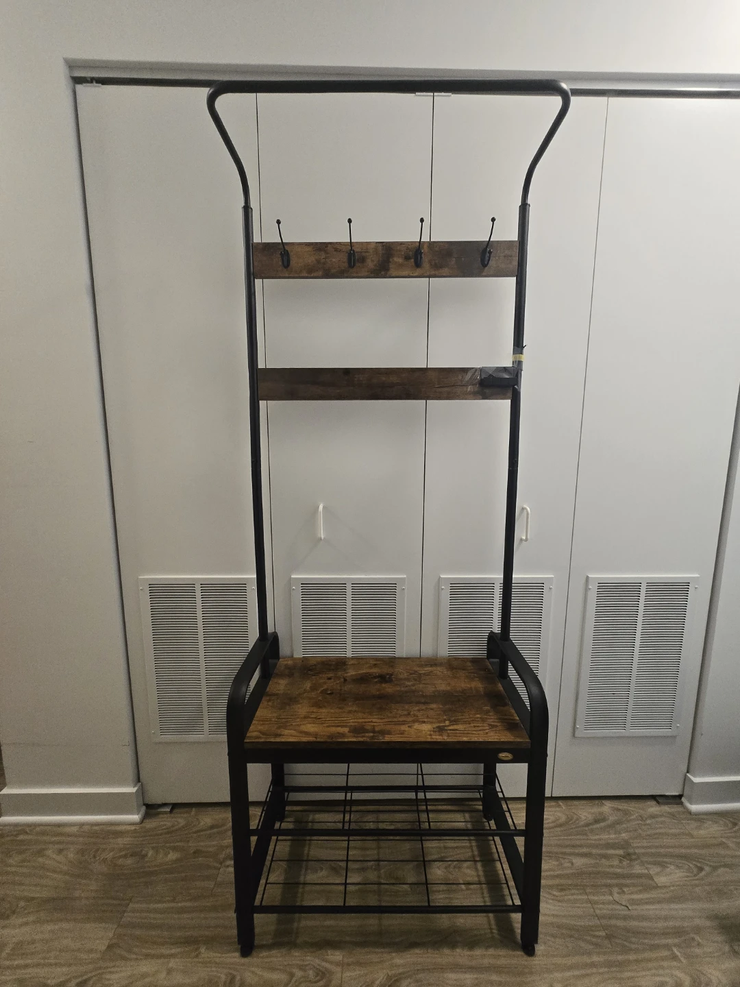 Industrial entryway coat rack with bench and shoe rack