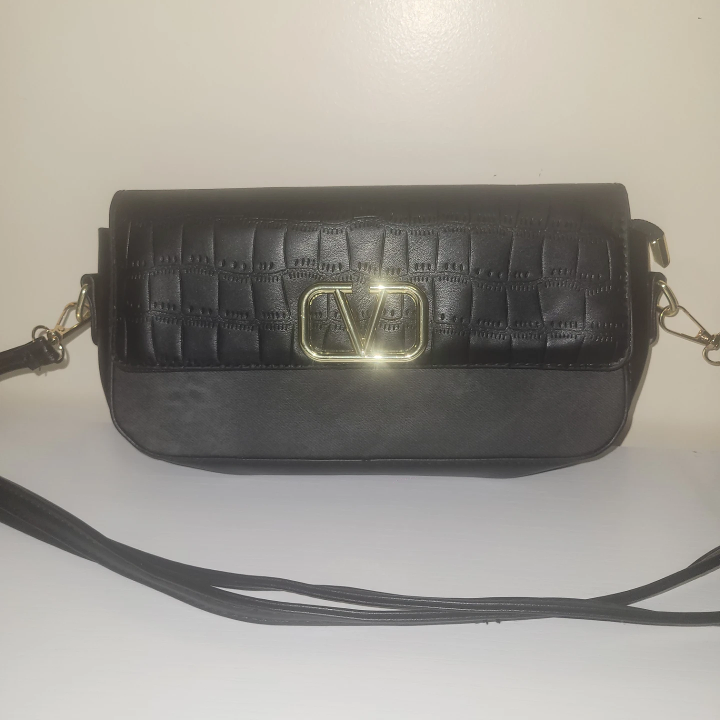Black Clutch Handbag with Gold 'V' Logo - photo 2