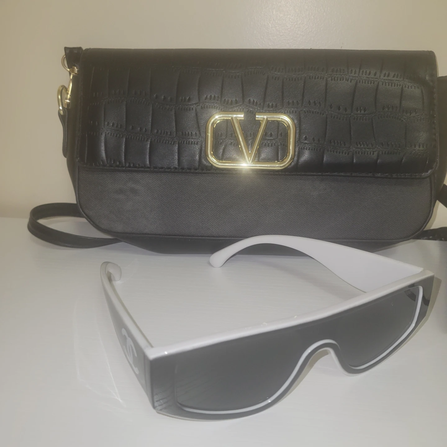 Black Clutch Handbag with Gold 'V' Logo - photo 3