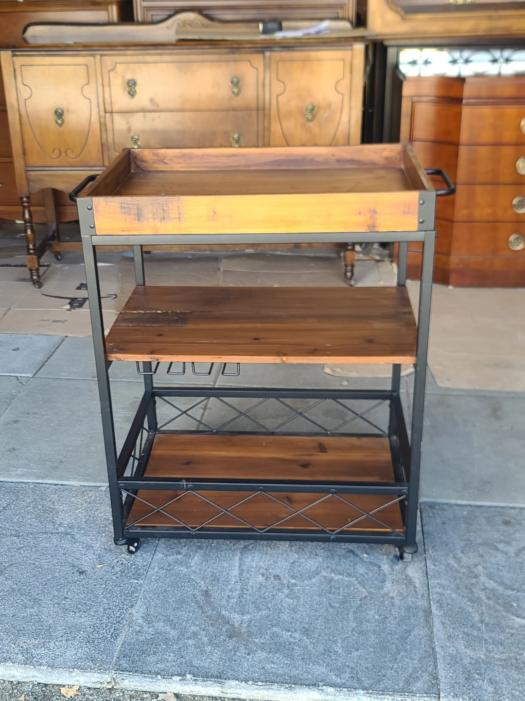 Rustic Wood Bar Cart with Wine Glass Holder