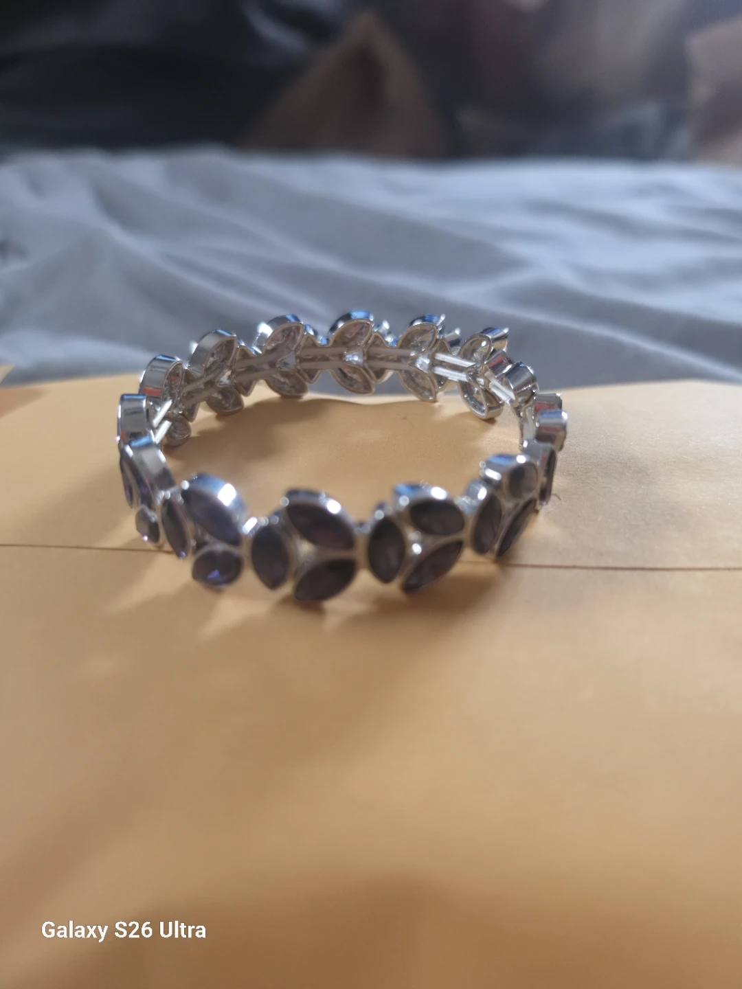 Silver Tone Leaf Design Bracelet with Dark Gems