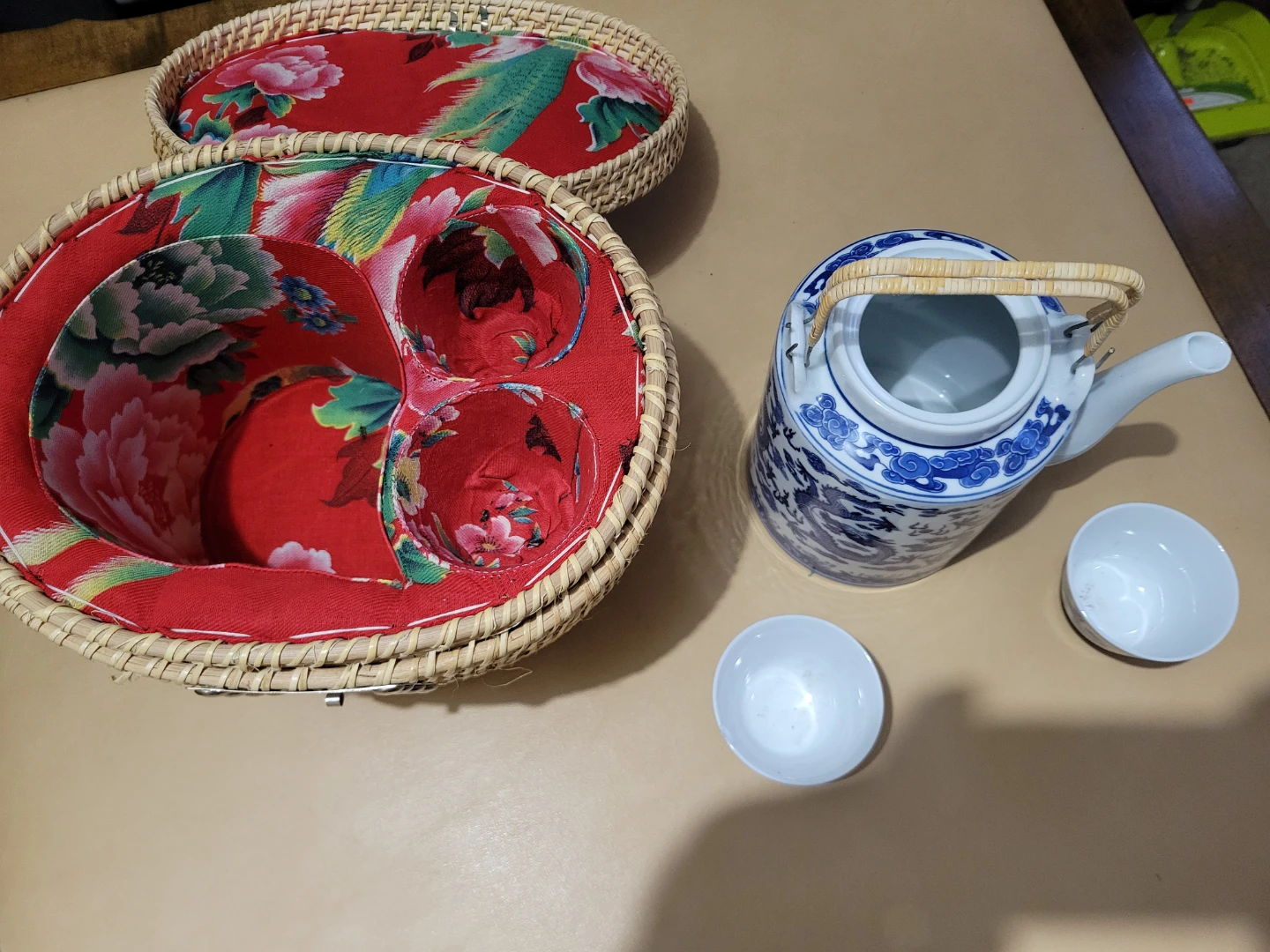Vintage Chinese Dragon Tea Set with Woven Cozies Basket - photo 3