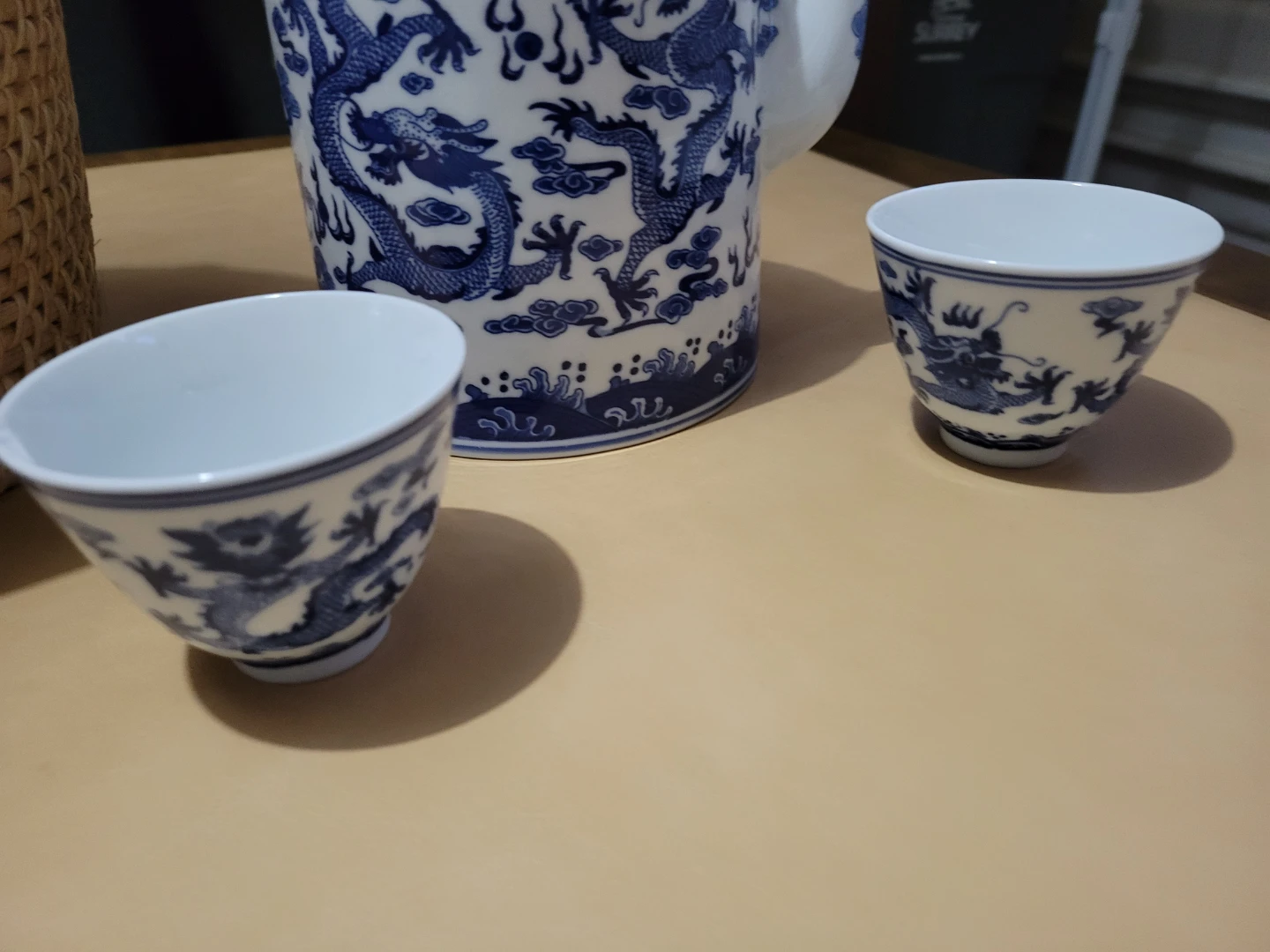 Vintage Chinese Dragon Tea Set with Woven Cozies Basket - photo 4