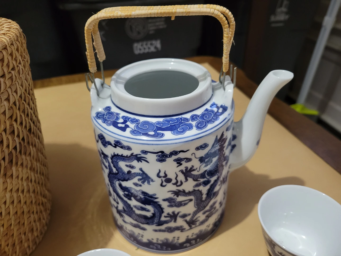 Vintage Chinese Dragon Tea Set with Woven Cozies Basket - photo 5
