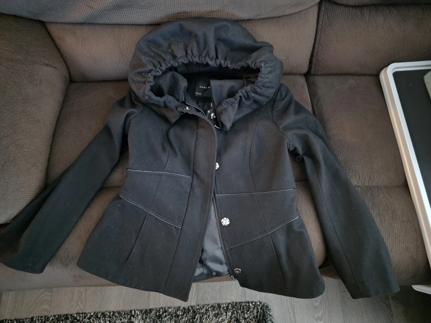 Zara Basic Black Hooded Coat - XL