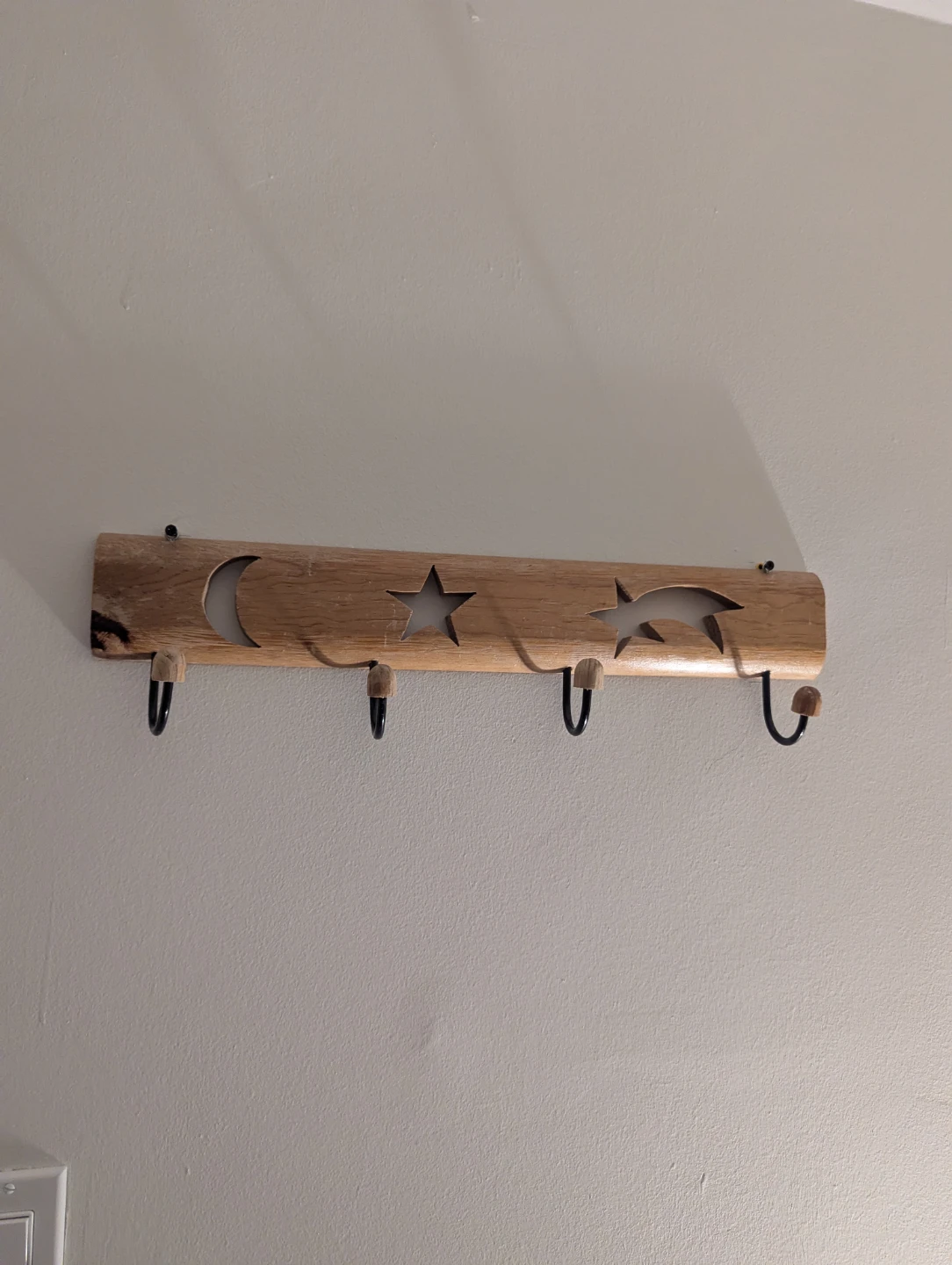 Wooden Wall Hook Rack with Moon and Star Cutouts