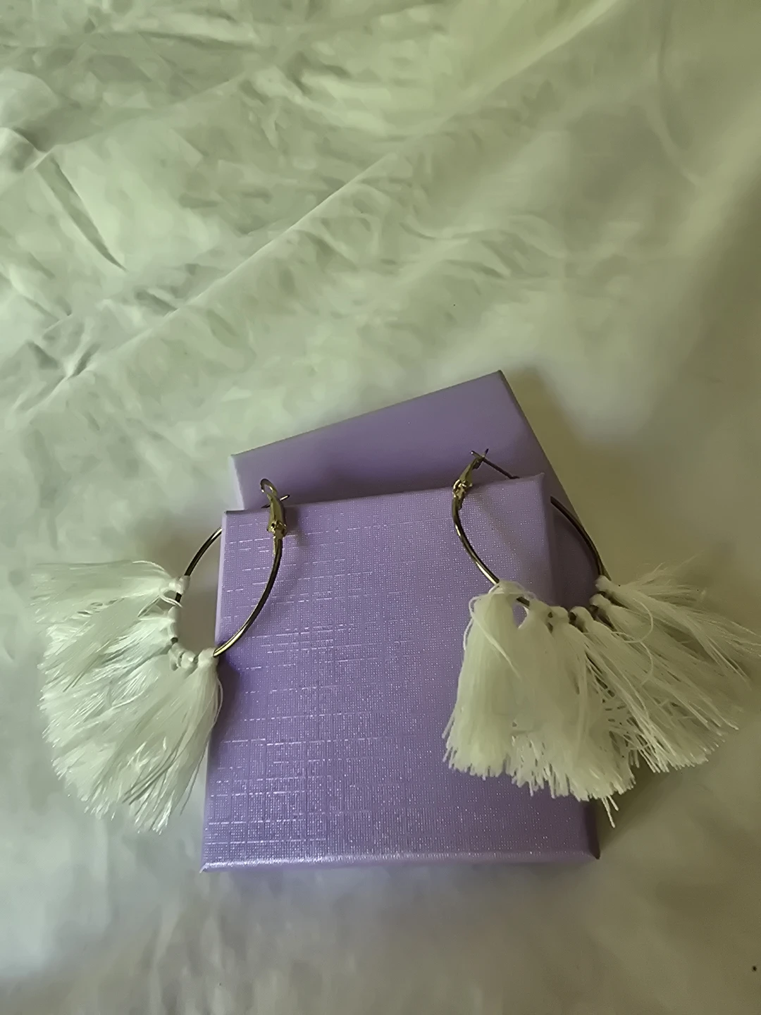 White Tassel Hoop Earrings with Box