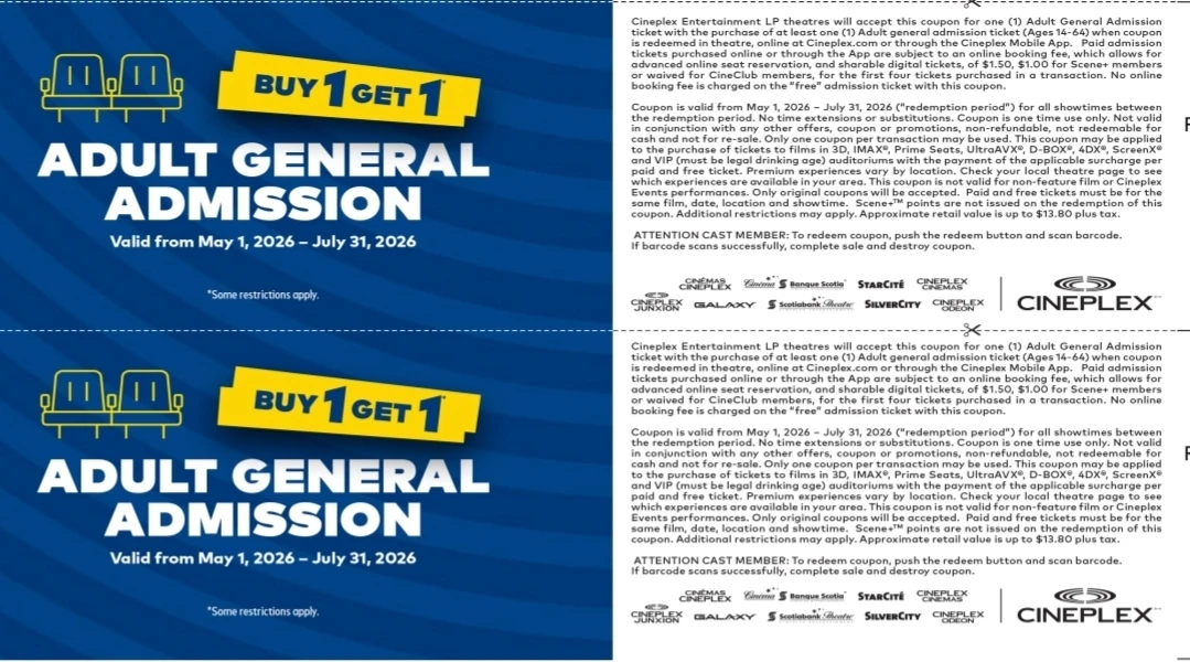 Cineplex Adult General Admission - Buy 1 Get 1 Coupon