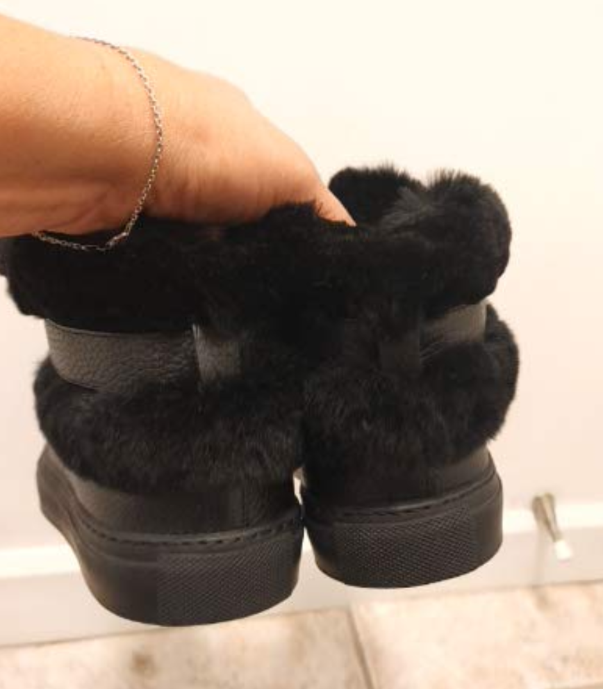 Black Leather Furry Sneakers size 8 - photo 2