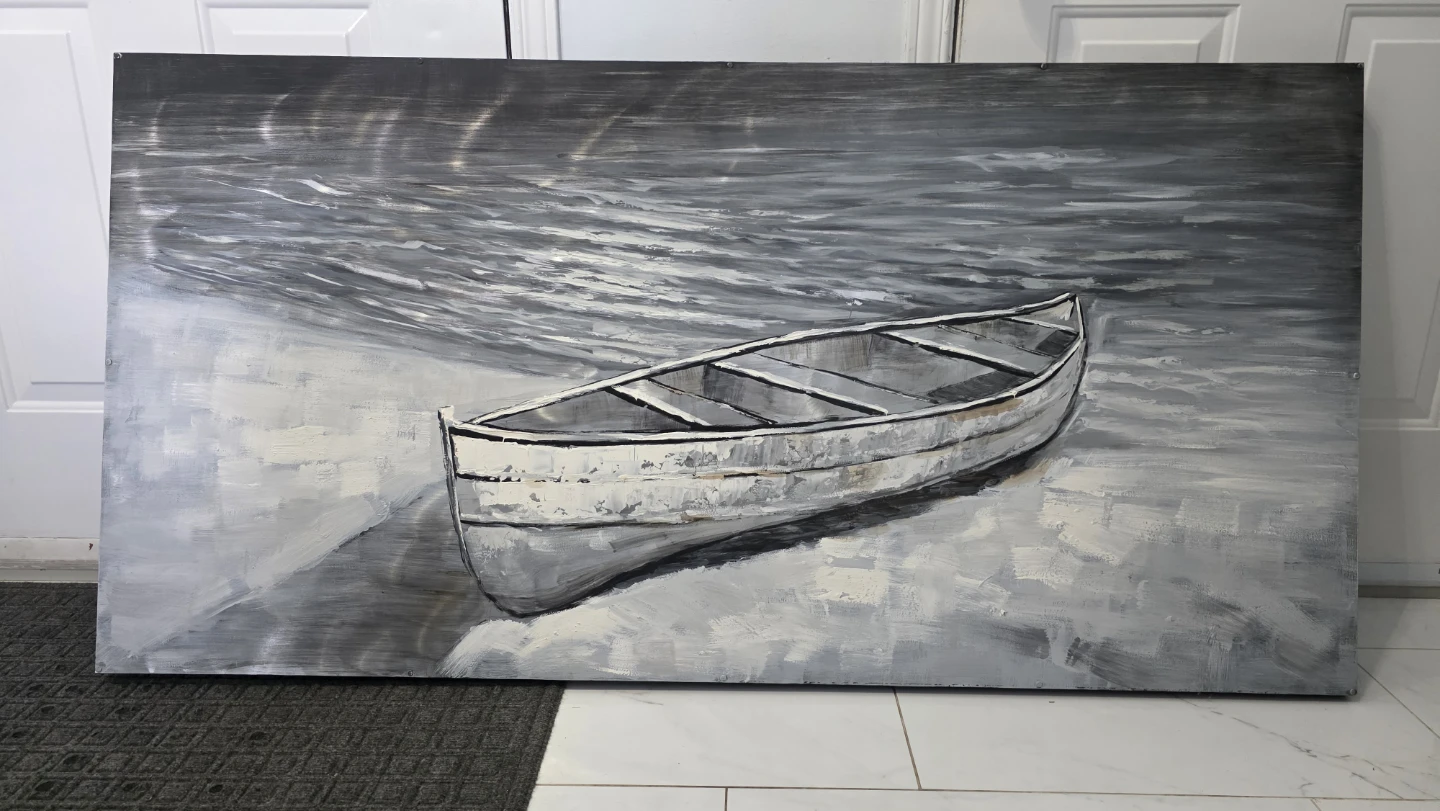 Large Painting of a Canoe on a Beach 59x30 inches