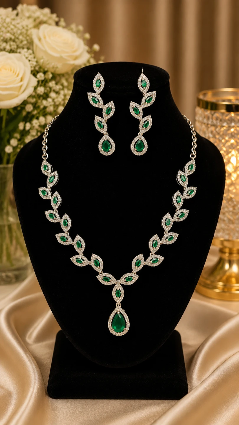 Silver Leaf Design Necklace and Earring Set with Green Gems