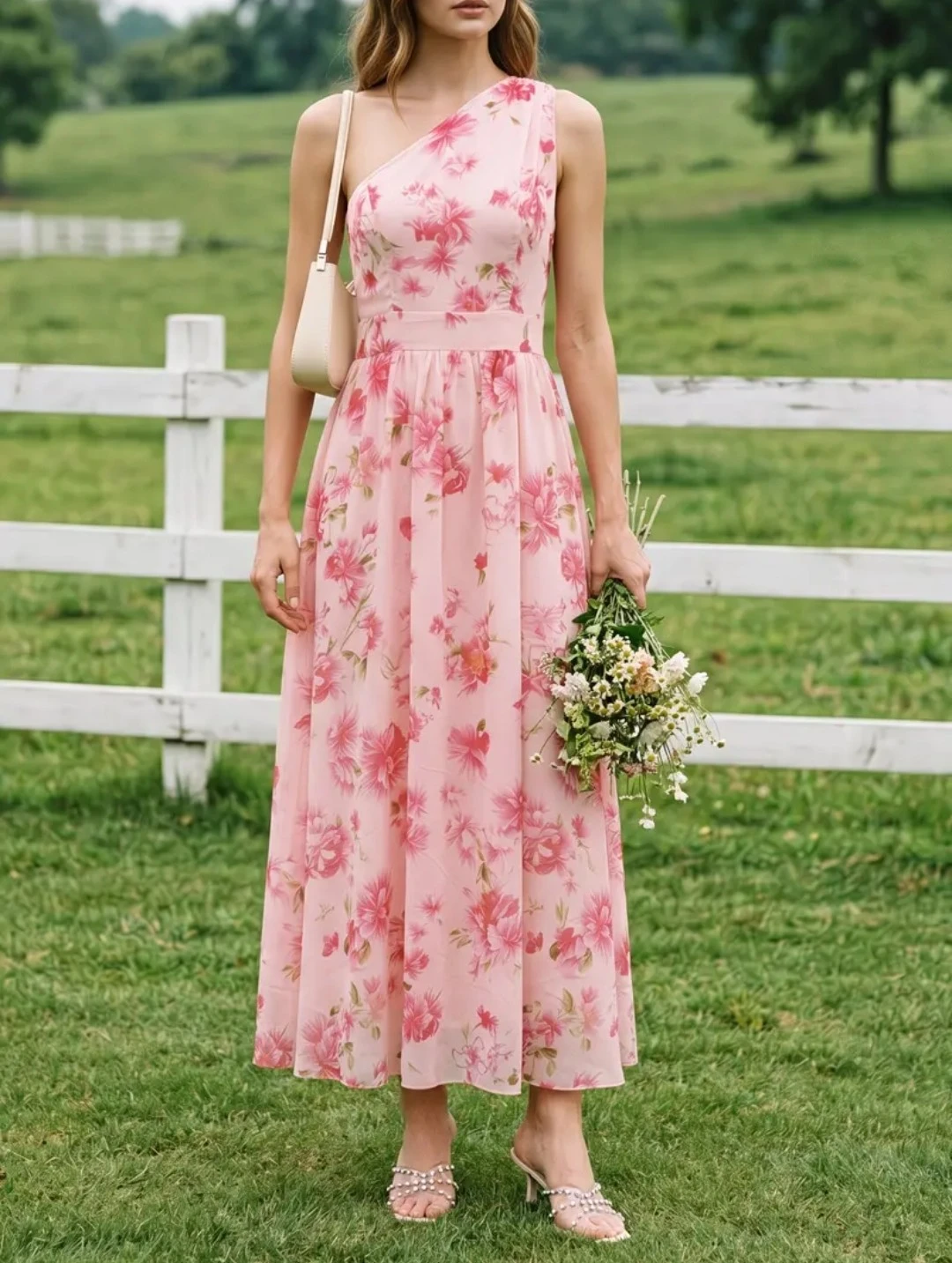 Pink Floral One-Shoulder Midi Dress