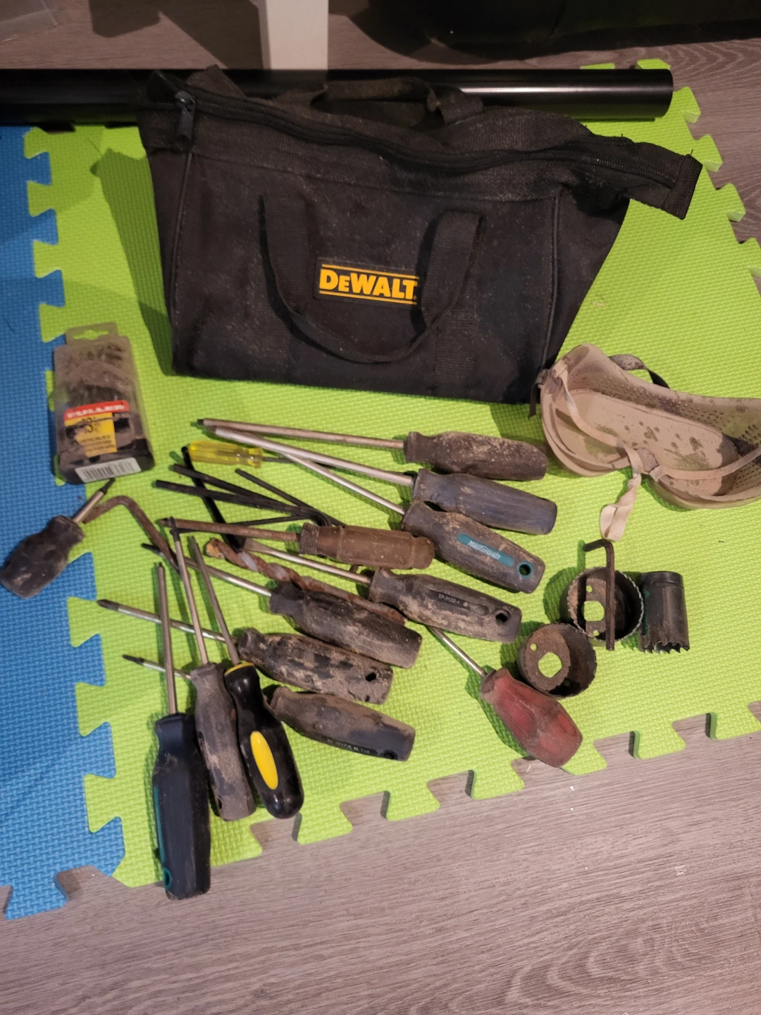 DeWalt Tool Bag with Assorted Screwdrivers and Hole Saws