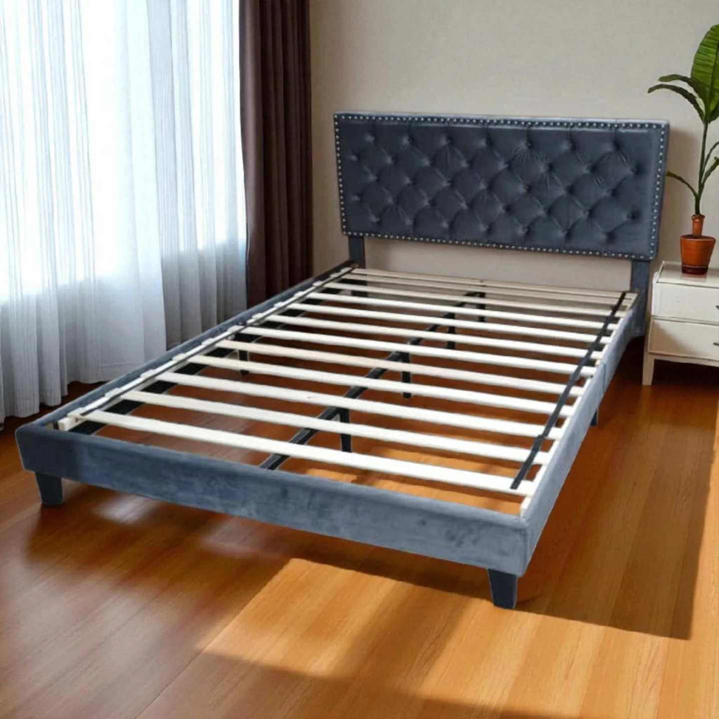 Velvet Tufted Bed Frame with Headboard Queen Size