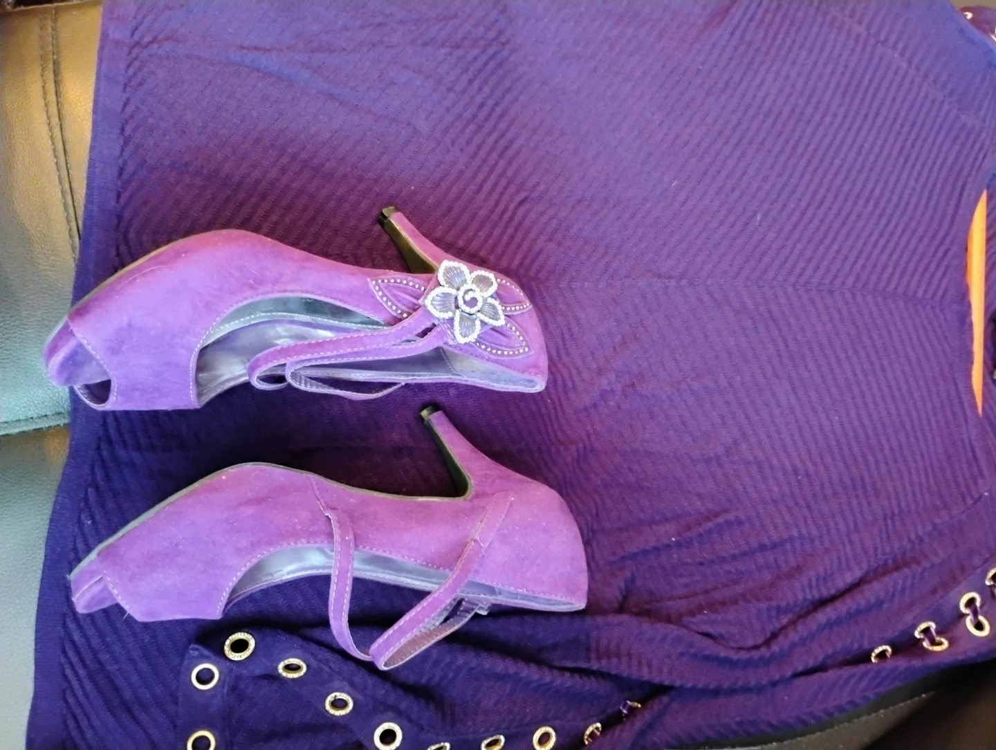 Purple Peep-Toe Heels with Rhinestone Flower Detail - photo 2