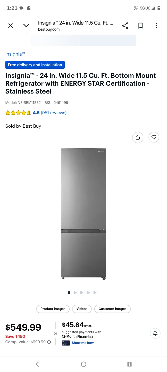 Insignia 24" Bottom Mount Refrigerator NS-RBM11SS2