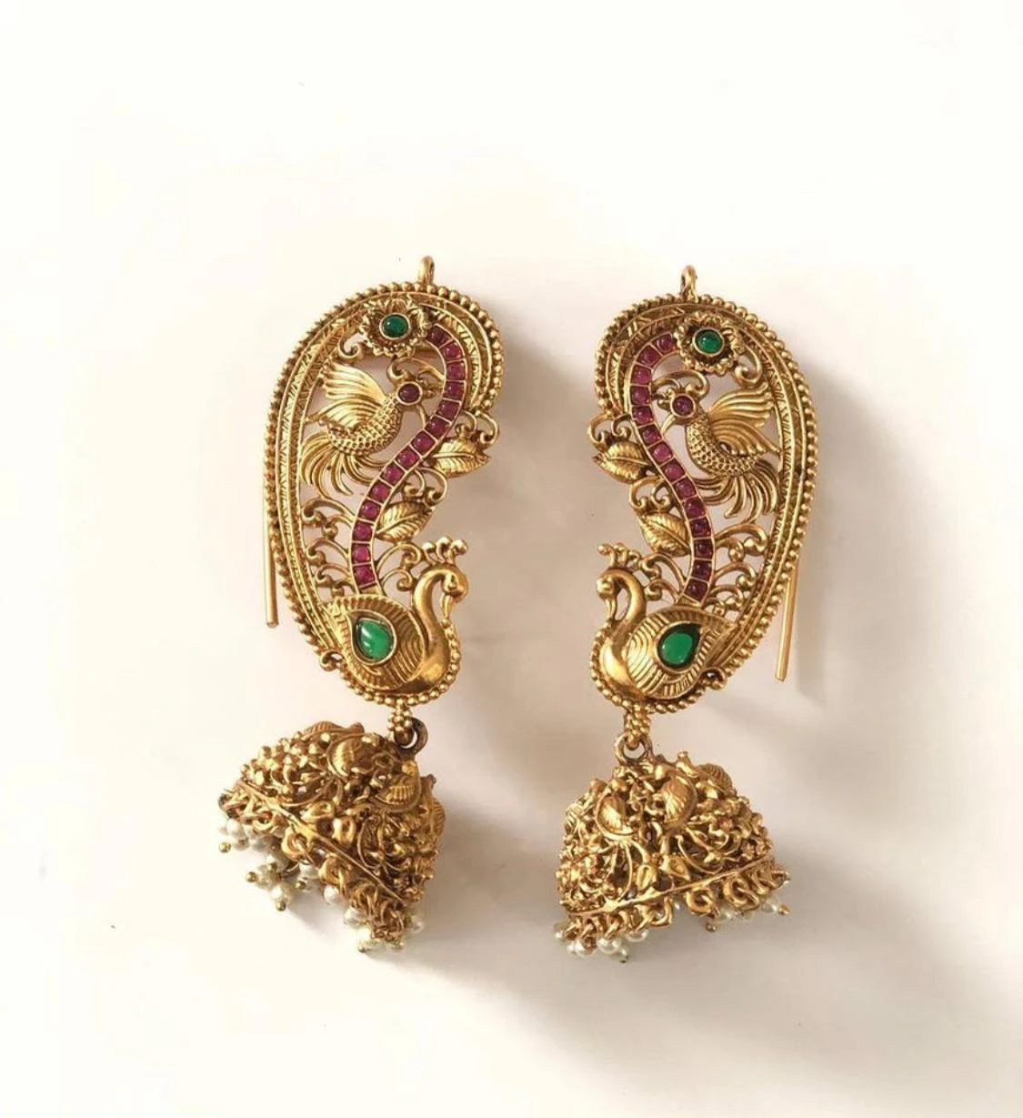Gold Peacock Jhumka Earcuffs with Ruby and Emerald Accents
