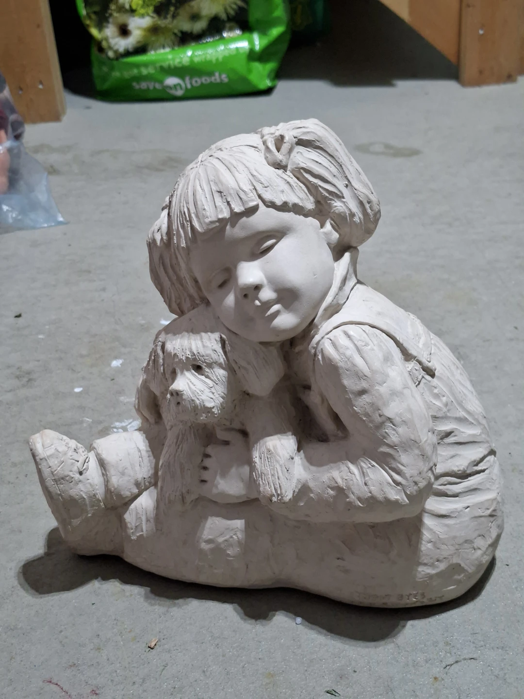 Stone Girl and Dog Sculpture