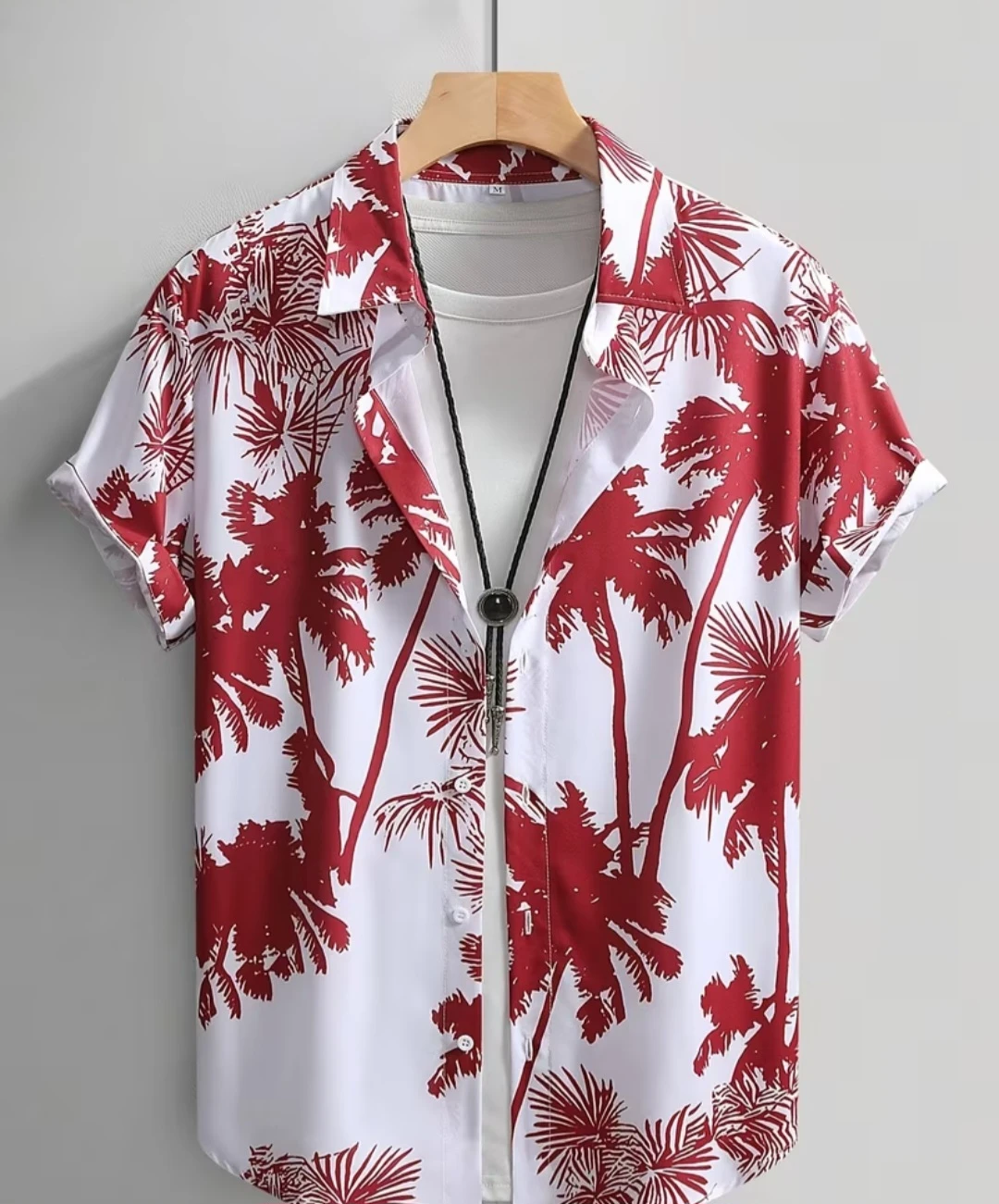 Men's Short Sleeve Hawaiian Shirt - White with Red Palm Trees