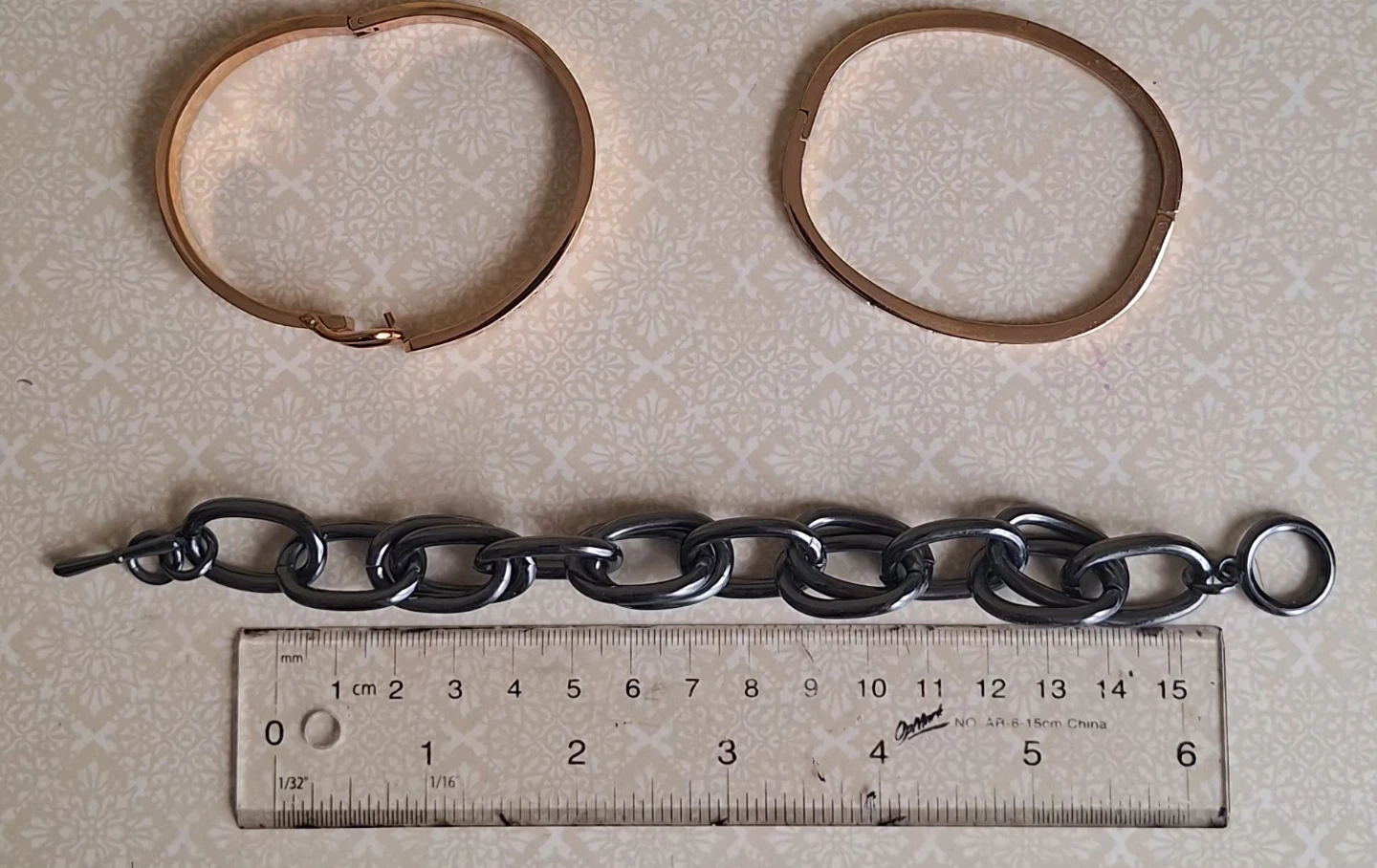 Set of 3 Bracelets: Rose Gold, Crystal Bangle, and Black Chain