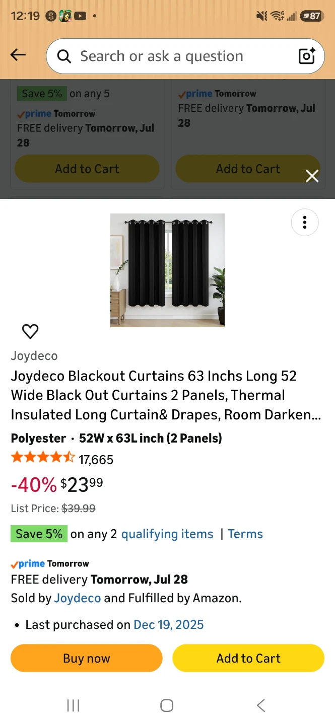 Joydeco Blackout Curtains - 52" W x 63" L (2 Panels)